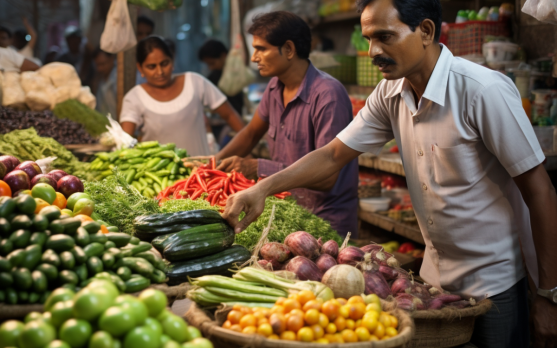Indian consumers selecting organic fruits and vegetables at a local market