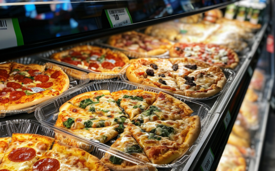 howcase of various healthier frozen pizza options in a supermarket aisle