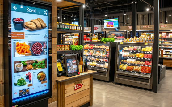 An interactive retail frozen food section with digital kiosks providing information