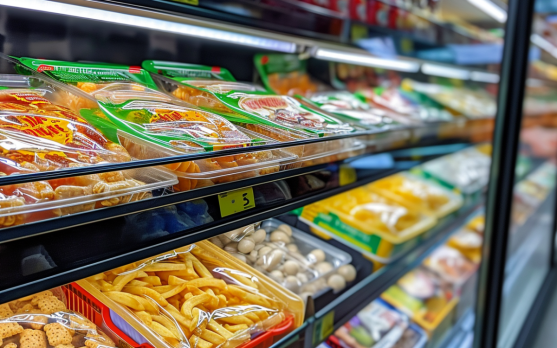 Assortment of gluten free frozen foods in a supermarket
