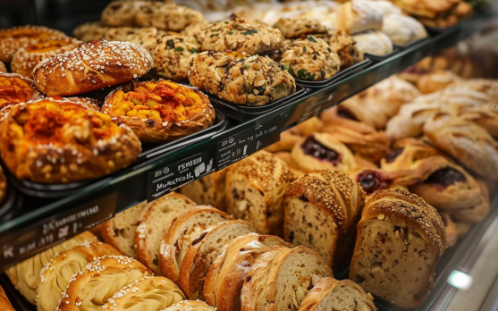 Assortment of vegan savory bakery products in frozen food section