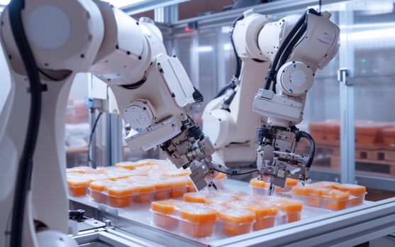 Automated frozen food packaging process with robotic arms