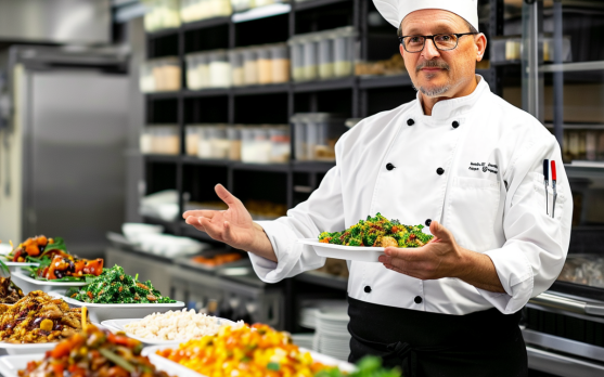 Chef presenting his gourmet frozen meal line