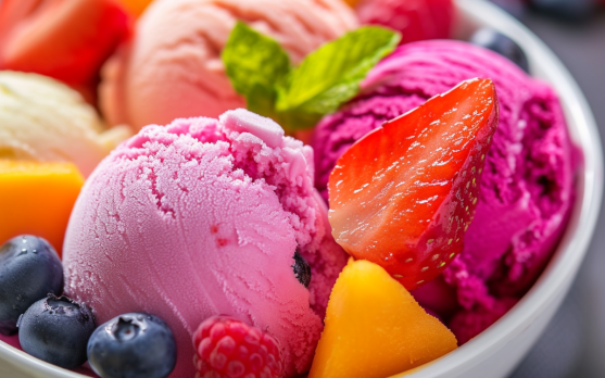 Close up of exotic fruit flavored artisanal ice cream with fresh fruit garnishes