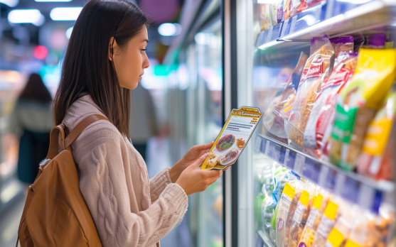 Consumer examining food product labels for transparency information