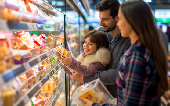 Family selecting frozen breakfast items in a grocery store