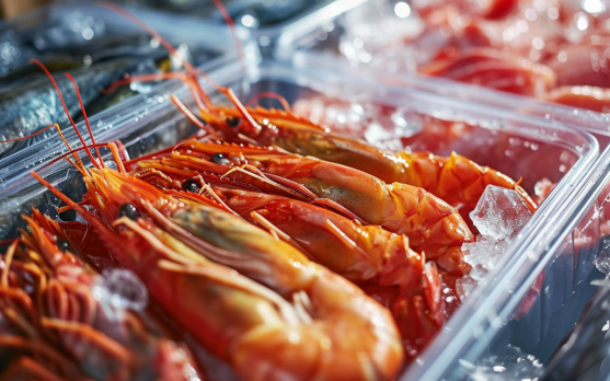 Frozen seafood products in environmentally sustainable packaging