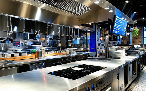 Modern restaurant kitchen featuring an advanced Kitchen Display System