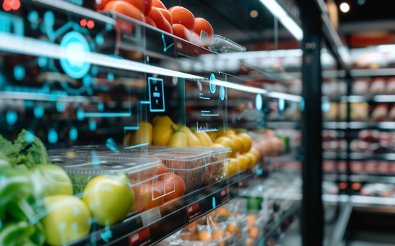 Sensor and AI technology tracking products in a cashierless grocery store
