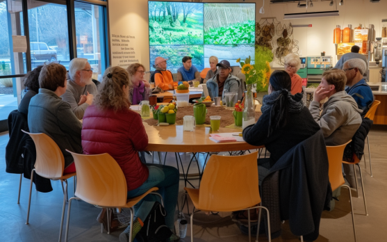 A community meeting discussing local food policies and innovations