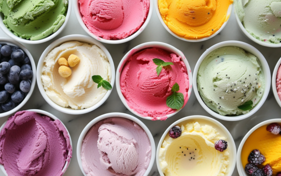 A variety of low calorie frozen desserts in vibrant colors