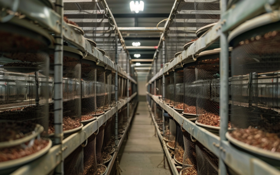 Cricket farming facility with rows of cricket habitats