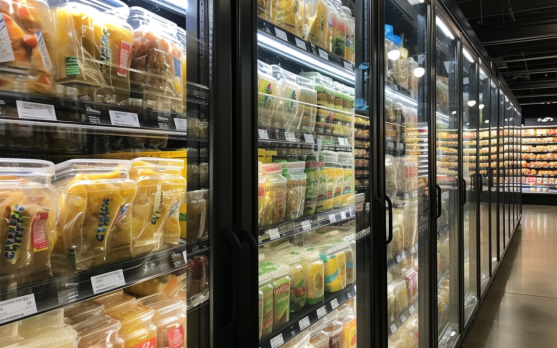 Eco friendly packaging solutions displayed in a freezer aisle