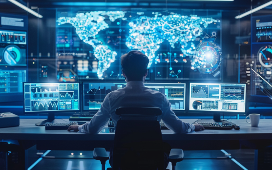 A high tech control room monitoring AI optimized supply chains
