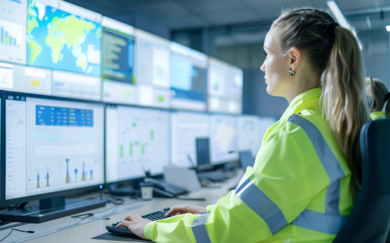 Logistics team monitoring real time data from IoT devices in a control room