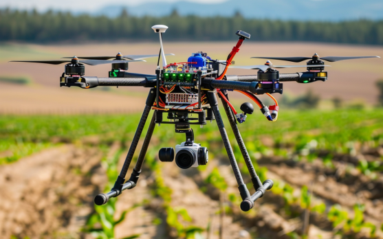 A drone equipped with sensors flying over farmland to collect data for AI analysis
