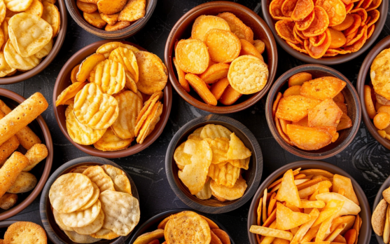 A variety of potato based snacks including healthier options like baked and air fried products