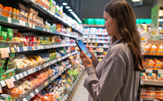 A customer using a mobile app for automated checkout in a grocery store
