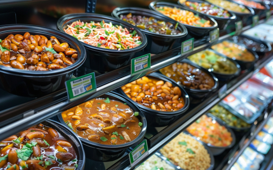 Kevins entree bowls in a supermarket freezer aisle