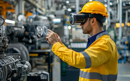 Technician using AR headset to perform real time remote inspections in an industrial factory