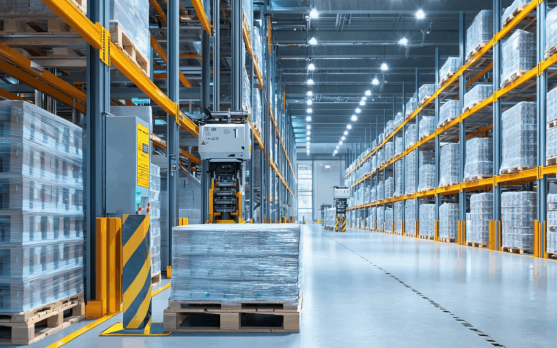 Ultra modern automated cold storage warehouse interior with robotic cranes and frozen pallets