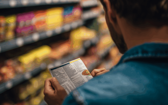 Close up of a person reading a food label thoughtfully supermarket
