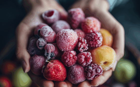 Close up of hands grabbing frozen fruits for a smoothie