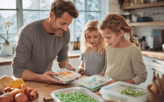 Lifestyle kitchen scene with a family comparing frozen meals