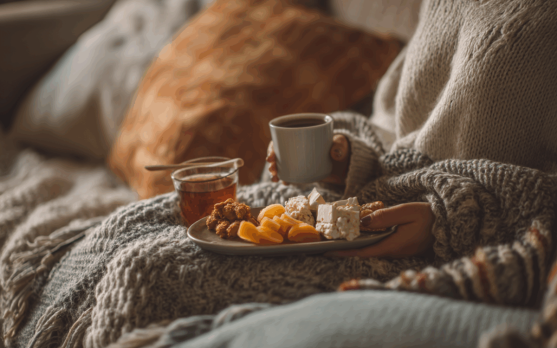 Lifestyle shot of a person enjoying a mindful snack on a cozy couch with warm blanket