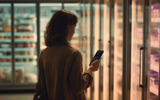 Lifestyle shot of a shopper scanning their phone in front of freezer aisle with on screen TikTok