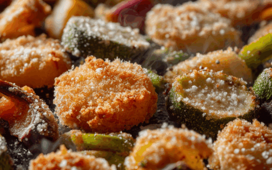Crispy oven baked coated vegetables after freezing