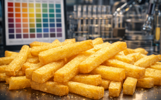 Close up of perfectly cut fries with a color chart and lab instruments in the background