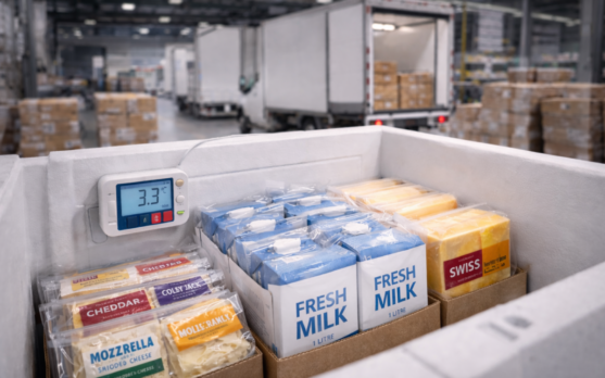 Cold chain distribution scene with chilled dairy cartons and cheese flow wrap cases