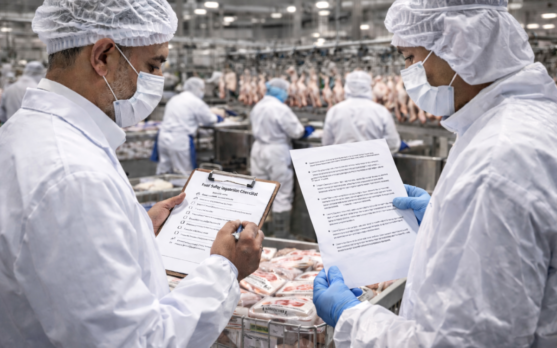 Food safety and halal compliance inspection scene in a meat processing facility