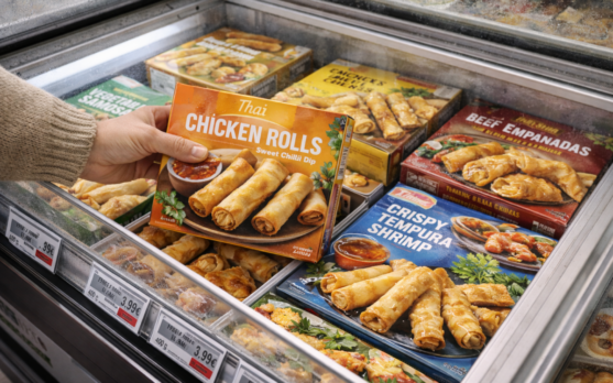 Modern supermarket freezer aisle featuring global street food appetizers in bright packaging