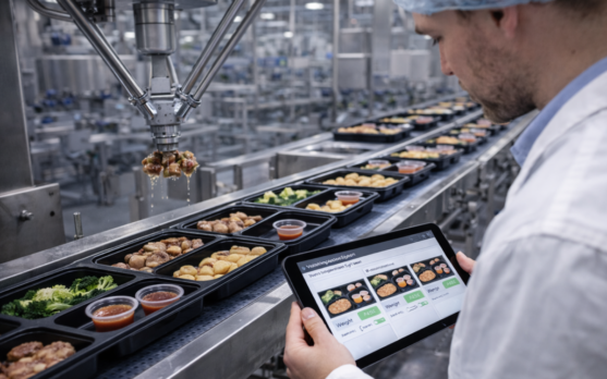 Quality technician inspecting automated placement accuracy in a component heavy meal tray