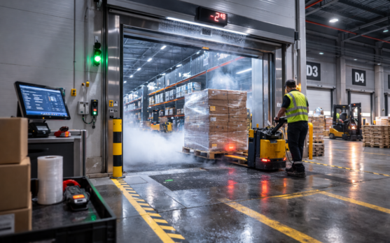 Warehouse scene with open cold room door warm pallet entering visible condensation