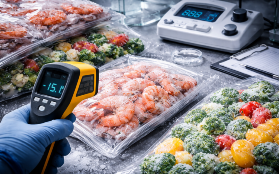 Close up frozen textures ice crystal formation packaging surfaces QA tools and measurement devices