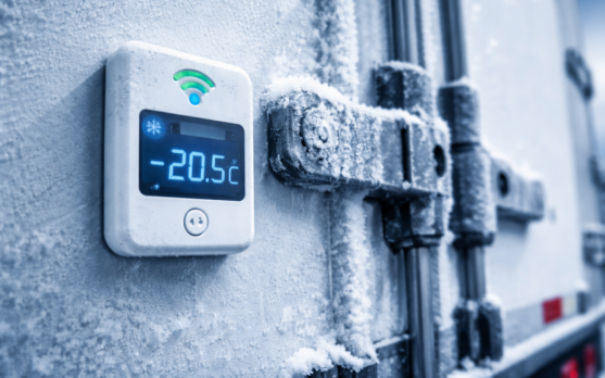 Close up of IoT temperature sensor on a reefer trailer door