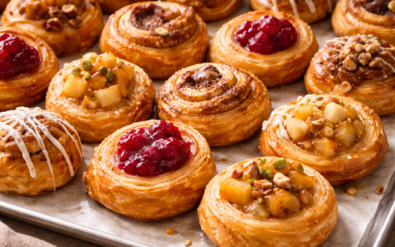 Close up of bite size Danish pastries in apple raspberry maple and cinnamon varieties