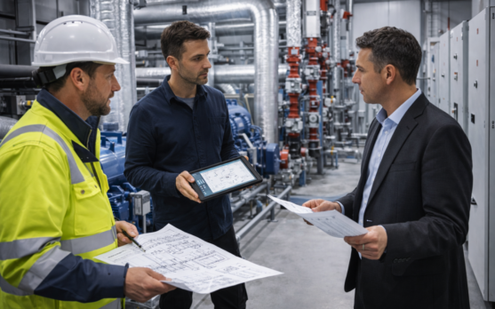 Engineer automation specialist and executive reviewing cost sheets