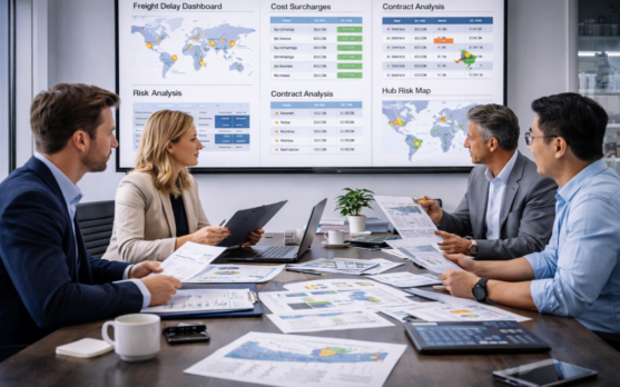 Frozen cargo planners studying freight contracts delay dashboards surcharge sheets and hub risk maps