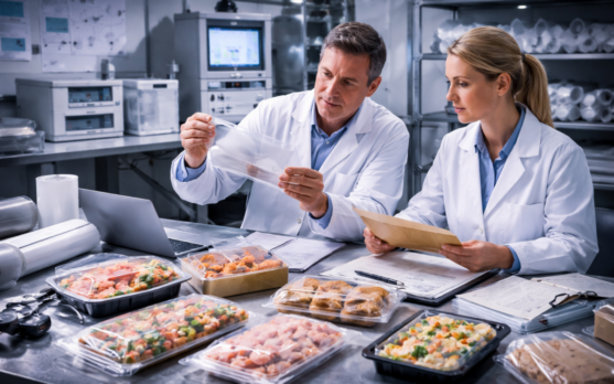 Frozen packaging development lab scene with packaging engineers reviewing barrier films