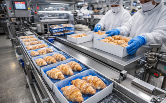 Industrial bakery line packing laminated frozen pastries