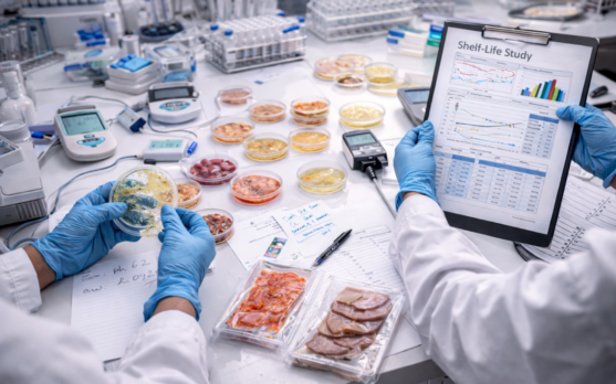 Microbiologists and QA staff examining RTE food shelf life evidence