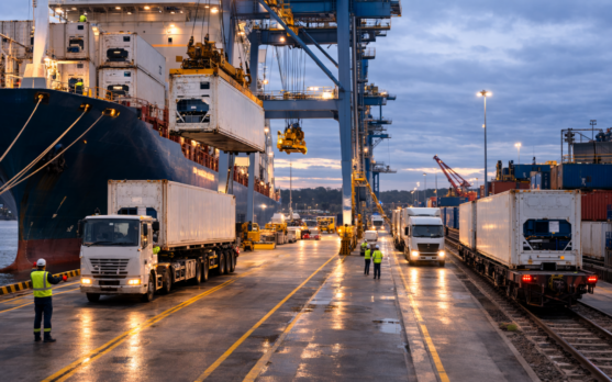 Port and inland logistics image of reefer containers being transferred