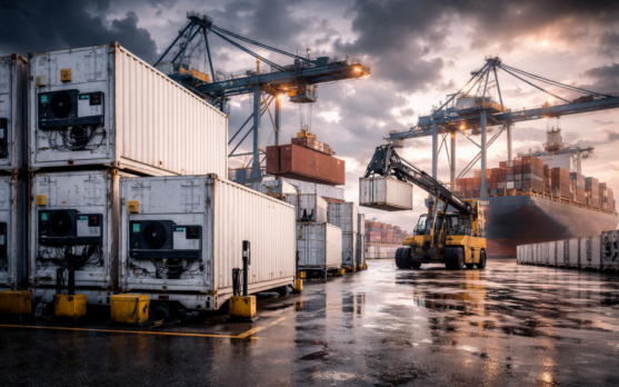 Port yard image showing refrigerated containers being repositioned with trucks and handlers 1