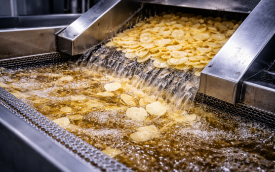 Potato slices entering a continuous fryer with controlled oil flow and belt submergence