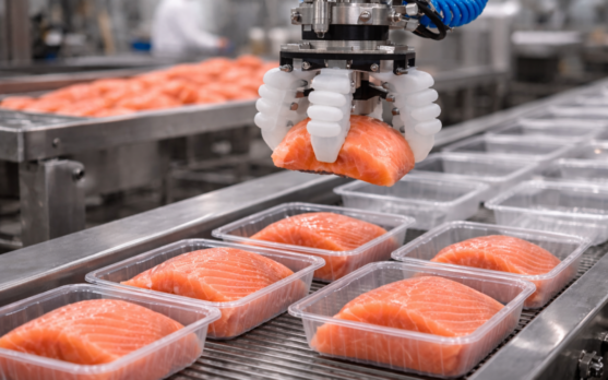 Robot with hygienic soft grippers placing fragile seafood portions into trays