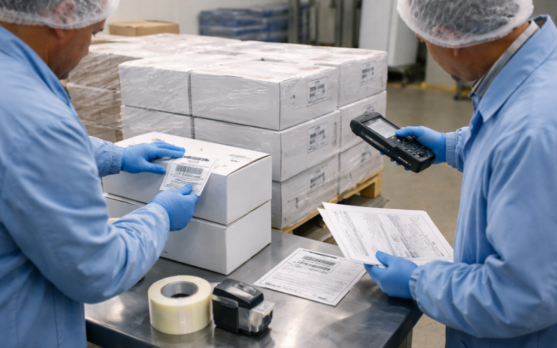 Workers relabeling plain frozen seafood cases on a stainless steel bench